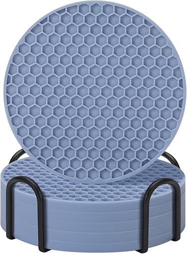 Juego de 6 posavasos de silicona con soporte, posavasos para bebidas, cerveza, café, adecuados para tipos de tazas, calientes o fríos,