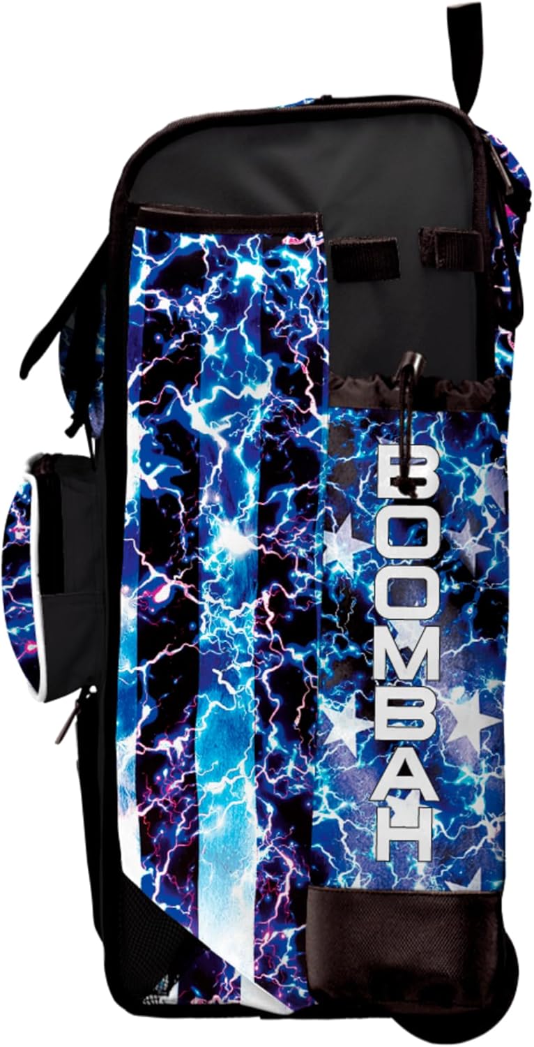 Boombah Rolling Catchers Superpack Bat Bag - 23-1/2" x 13-1/2" x 9-1/2" - Telescopic Handle - Holds 4 Bats - Wheeled Version - USA Banner Black/Royal Blue/White