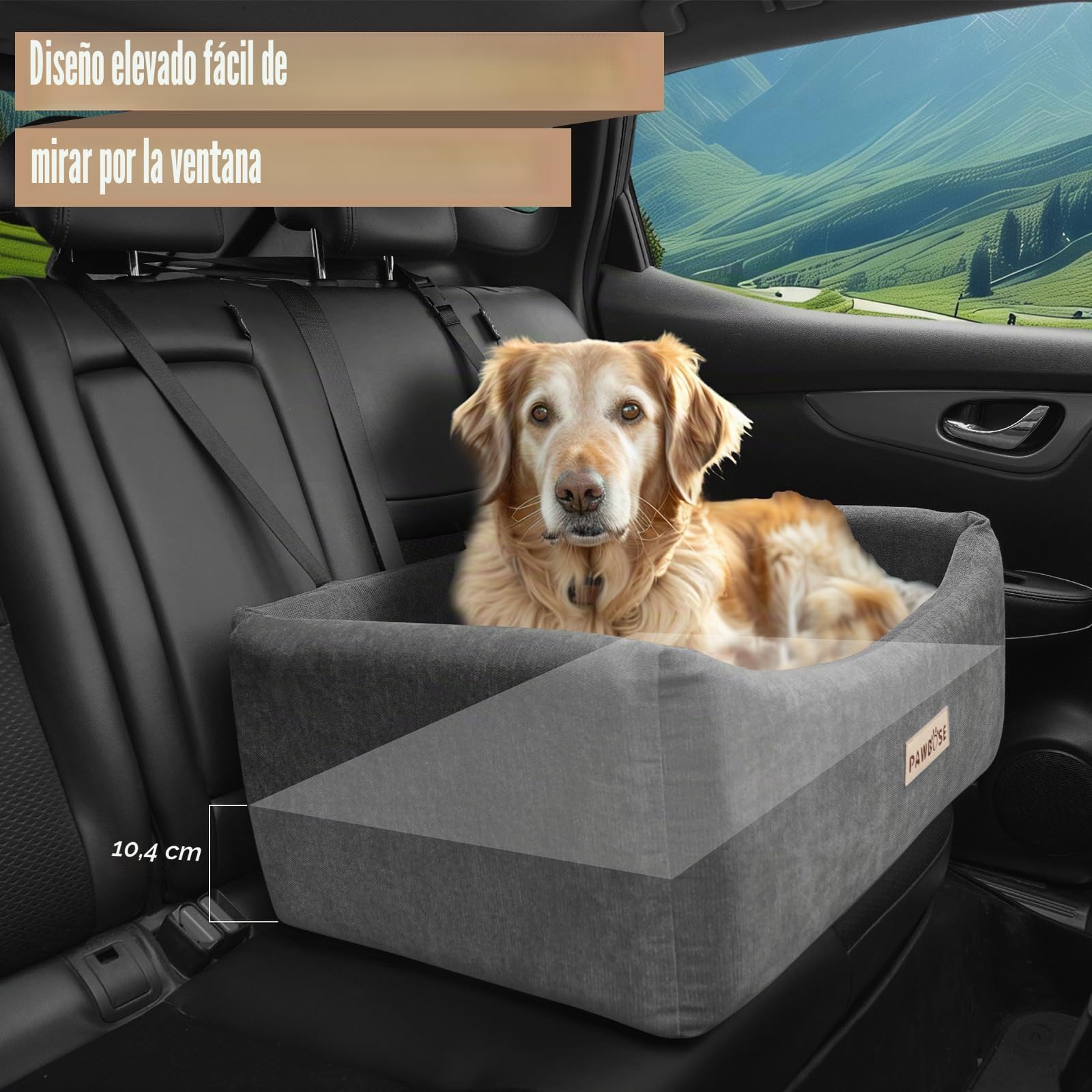 Asiento de Coche para Perros Grandes 25 kg, 2 Perros Pequeños, Cojín Grueso, Gris Elevado Cama Coche Perro