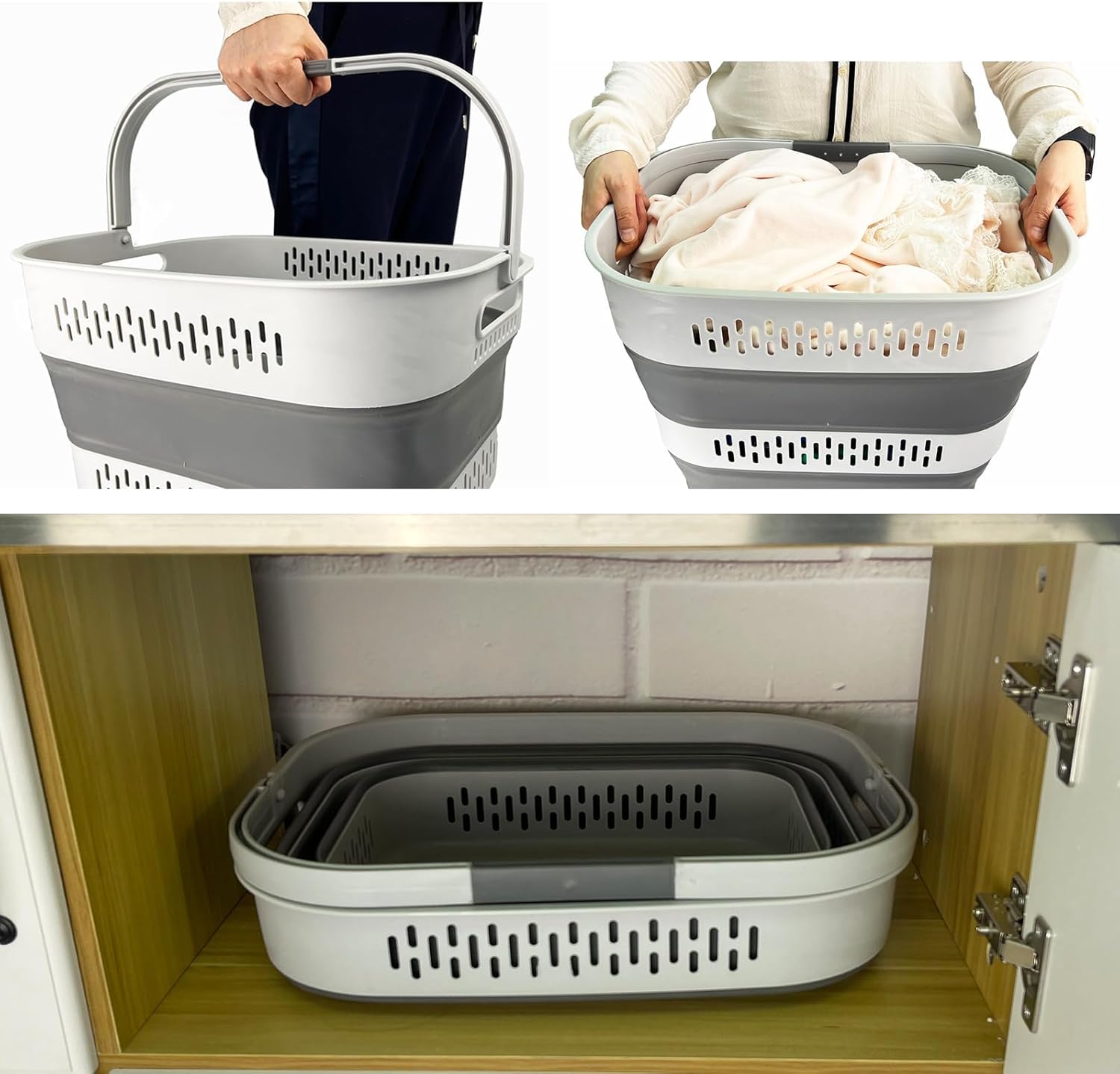 SAMMART 40L (10.5 Gallon) Collapsible Plastic Laundry Basket - Foldable Pop-Up Storage Container/Organizer – Portable Space Saving Laundry Hamper (3, Grey)