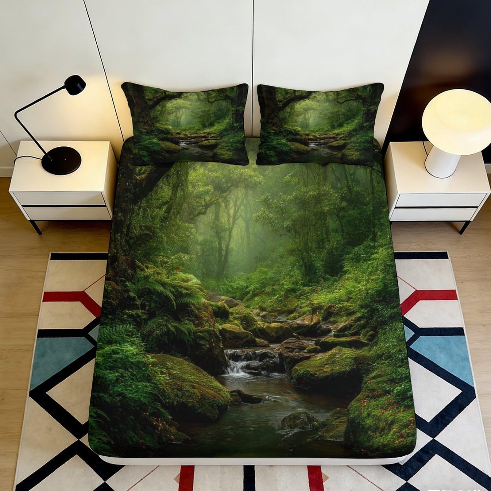3D Printed Forest Stream Fitted Sheet Microfiber Soft Breathable Woodland Mattress Cover for Bedroom Dormitory Guest Room Protection Decoration 200x200x25cm