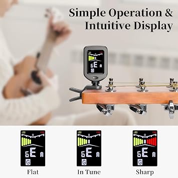 New Bee Clip-On Guitar Tuner Rechargeable with Color Screen 360 Rotatable Chromatic Tuner for Guitar, Bass, Ukulele, Violin (Black, 1 Pack)
