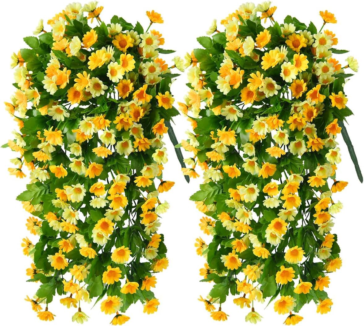 YJWZ 2 Pack Artificial Flowers for Hanging Baskets Fake Hanging Basket Outdoor,Lifelike Fake Daisy Flower Hanging Garland for Outdoor Home Wedding Garden/Yard String Floral Decoration