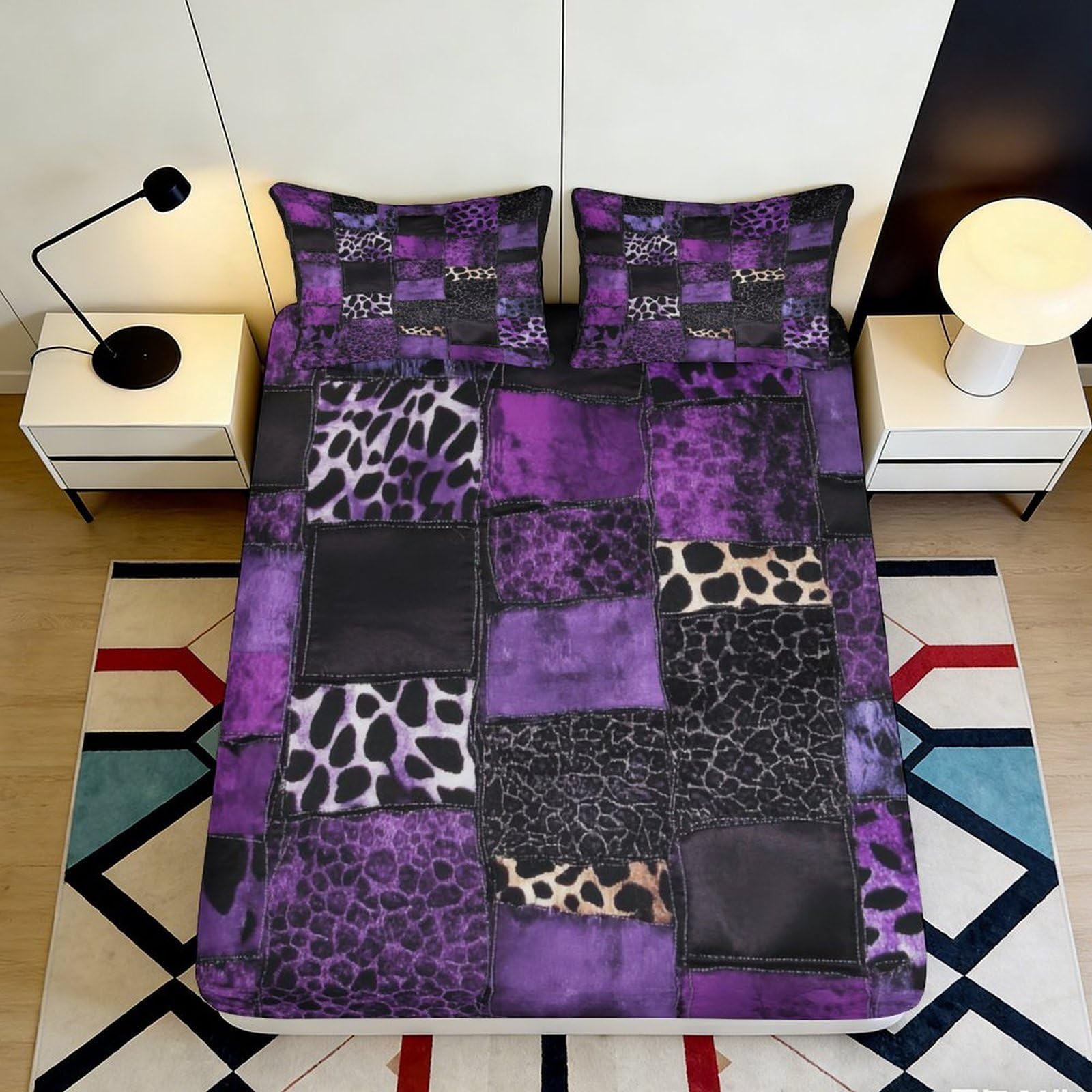 3D Printed Purple Patchwork Animal Pattern Fitted Sheet Microfiber Soft Bed Cover for Bedroom Dorm Mattress Protection Decor 160x200x25cm