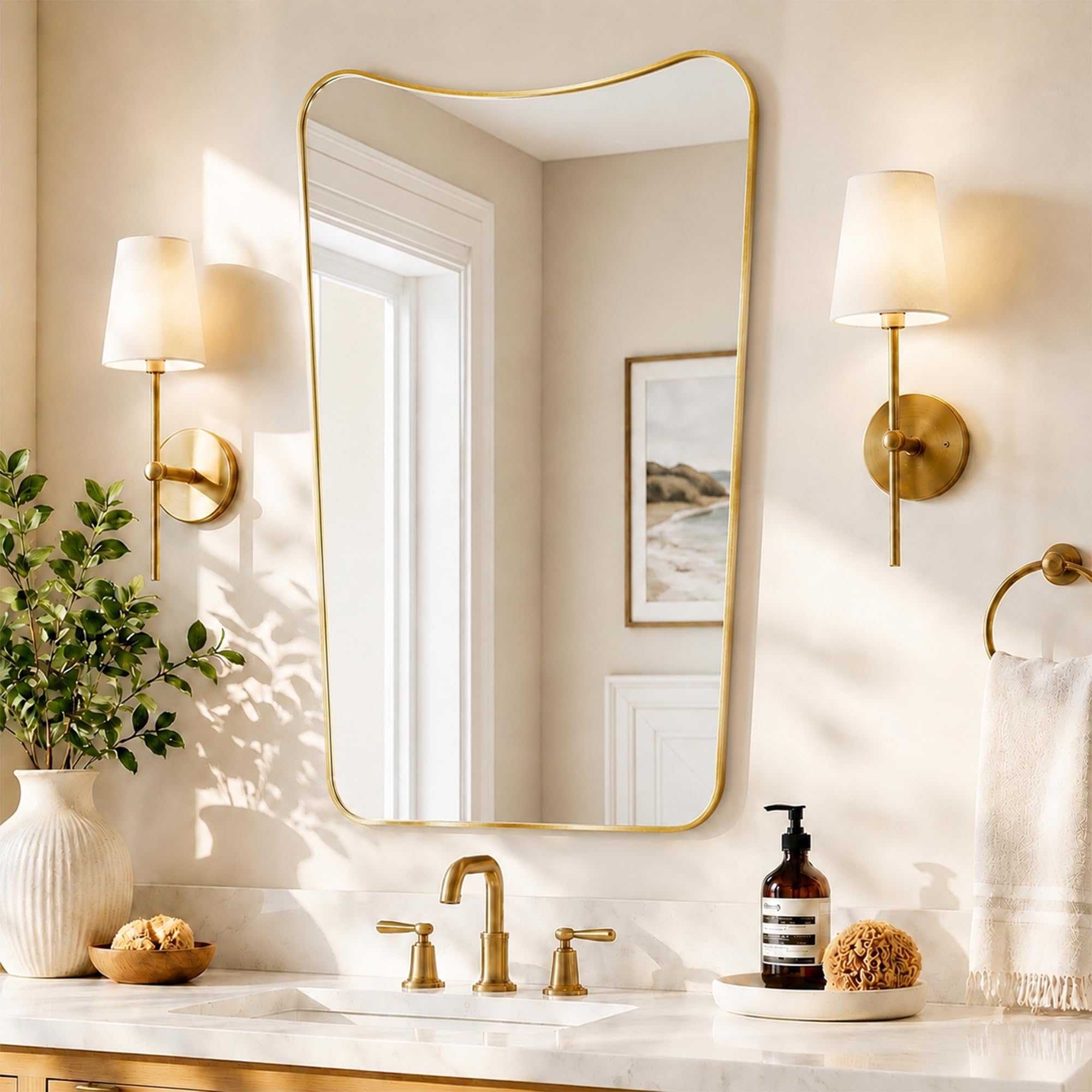Pocetry Brushed Gold Wavy Top Wall Mirror, 24x36 Inch
