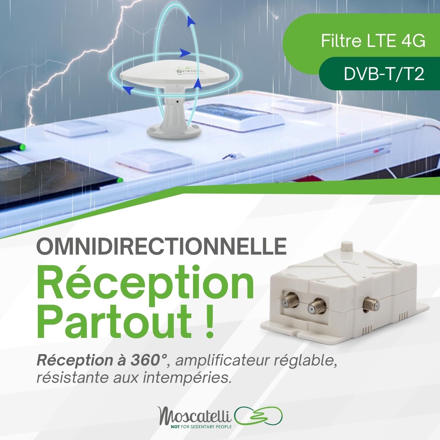 MOSCATELLI Antenne Omnidirectionnelle Terrestre TNT HD - DVB-T/T2 – Dab – 12/24/220 V – Kit Complet avec Câbles et Puissant Amplificateur pour Camping Car, Caravane, Fourgon, Camion, Bateau