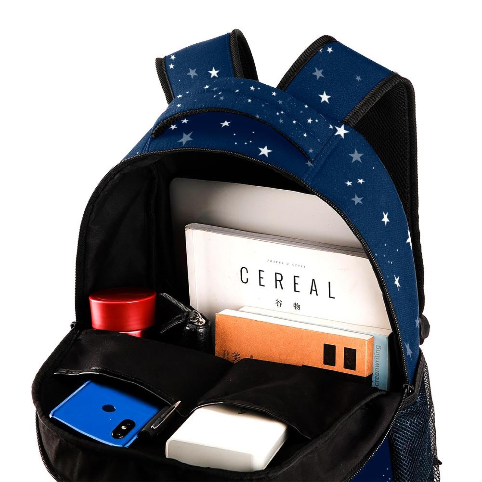 Zaino scolastico per uomini e donne, borsa da viaggio per computer portatile blu scuro con stelle, zaino leggero per università, zaino casual per libri