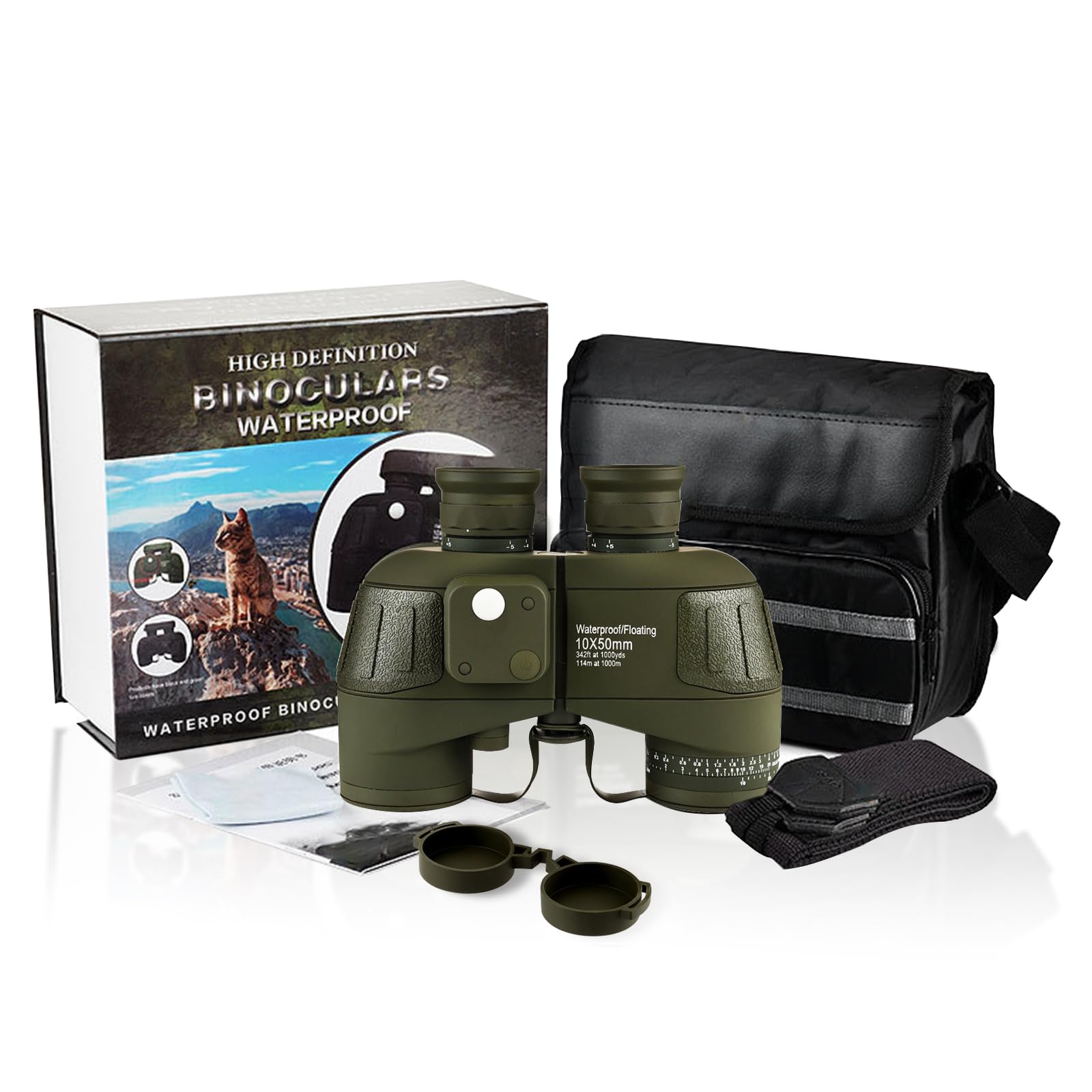 ToopMount Binoculars 10×50 Telescope Binoculars IPX7 Waterproof Floating Green Coating Built-in Rangefinder Compass with Nylon Storage Pouch Travel Camping Sailing Boating Sports Hunting Fishing Gift