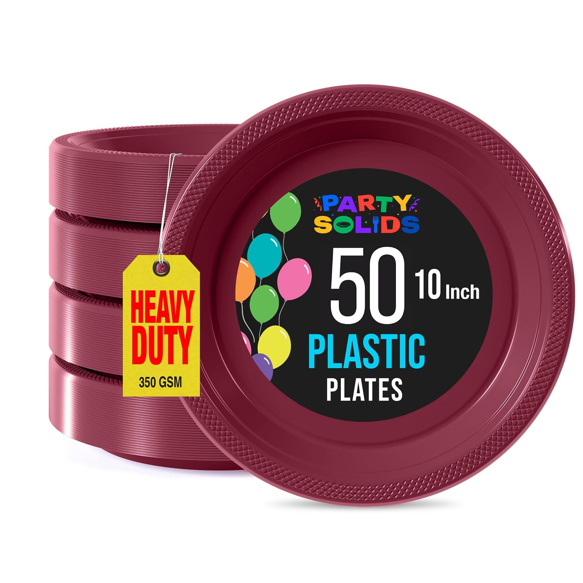 Exquisite Party Solids Burgundy Plastic Plates For Party Supplies 10" Burgundy Disposable Plates Heavy Duty 50 Pcs Plastic Dinnerware Sets Heavy Duty