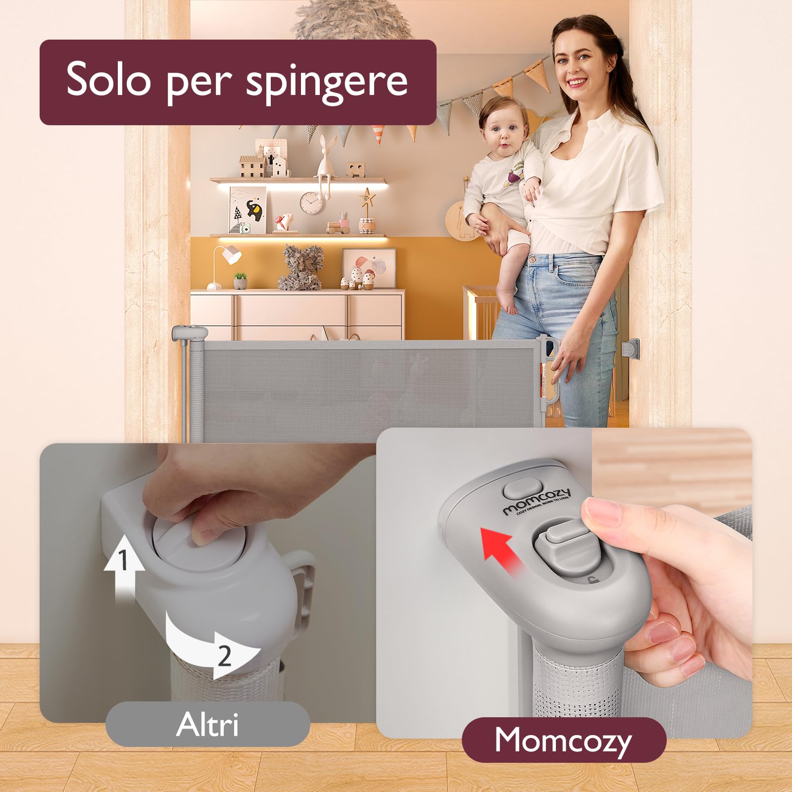 Momcozy Cancelletto per Bambini Estensibile, 180cm Cancello per Bambini, Silenzioso e Operazione con una sola mano, Cancelletto di Sicurezza Retraibile per Scale/Interni/Esterni/Corrido, Grigio