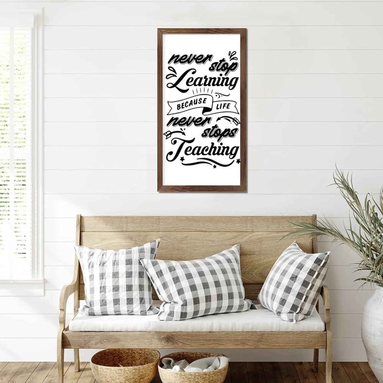 22x12in Farmhouse Wood Sign Motivational Quote Never Stop Learning Because Life Never Stops Teaching Encouragement Quote Apricot Frame Wooden Plaque for Baby Shower Farmhouse Cottage Wall Decor