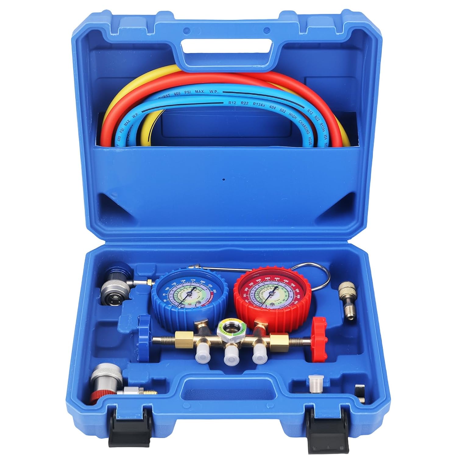 maXpeedingrods AC Gauges, 3 Way AC Manifold Gauge Set for R134a R12 R22 R502, Automotive Refrigerant Gauge Kit with 5ft Hose, Tank AC Adapters, Adjustable Couplers, Can Tap