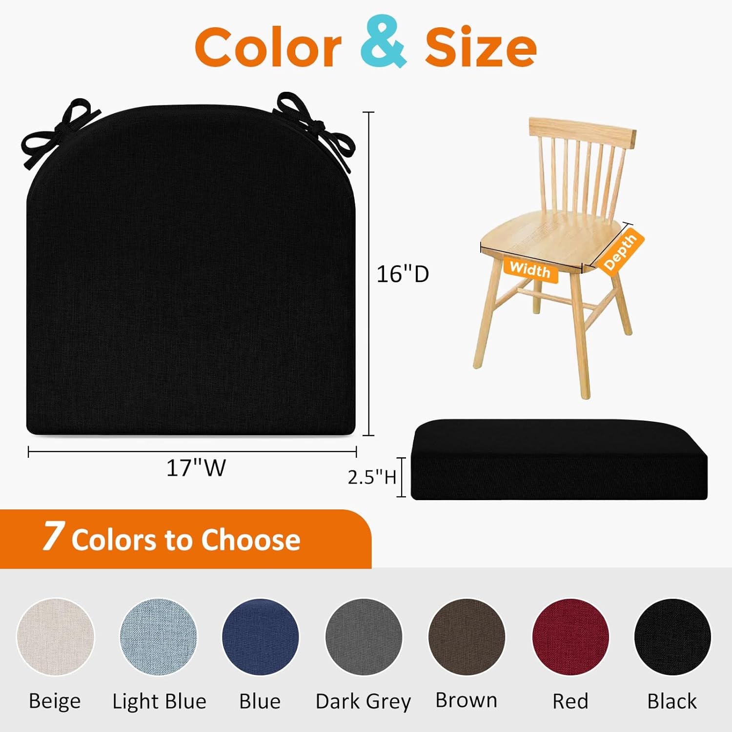 downluxe Chair Cushions for Dining Chairs, Memory Foam Linen Kitchen Chair Pads with Ties, Waterproof, Stain-Resistant and Washable Cover, 17" x 16" x 2.5", Black, 4 Pack