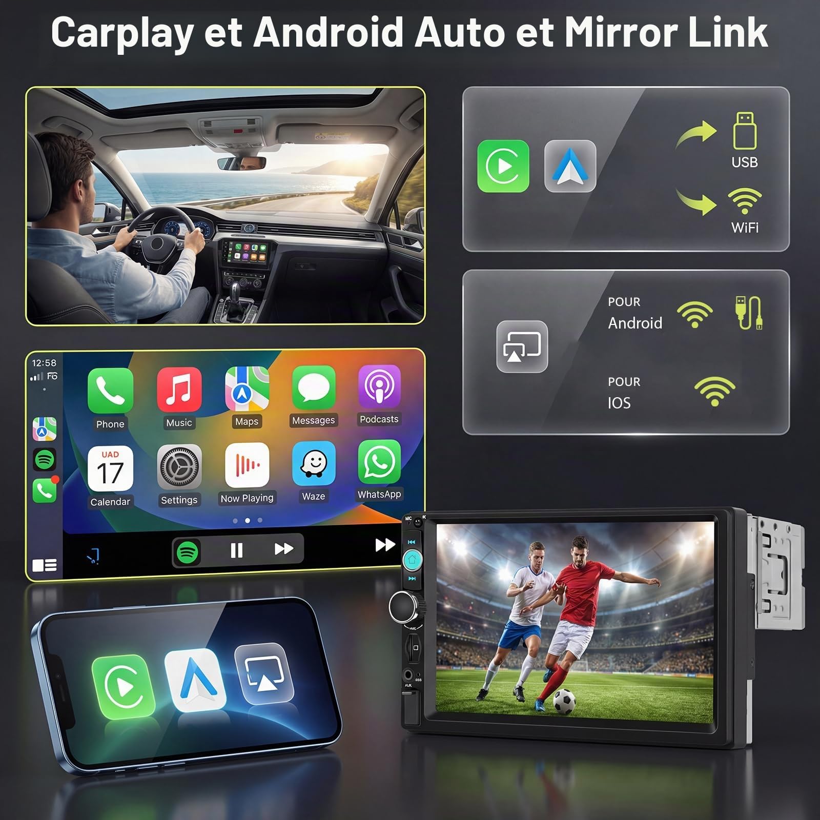 Hodozzy Autoradio 1 Din avec Carplay Android Auto sans Fil, Ecran IPS 7 Pouces Autoradio Compatible Bluetooth Radio FM/USB/TF/AUX/Sortie vidéo/Youtube/Caméra de recul