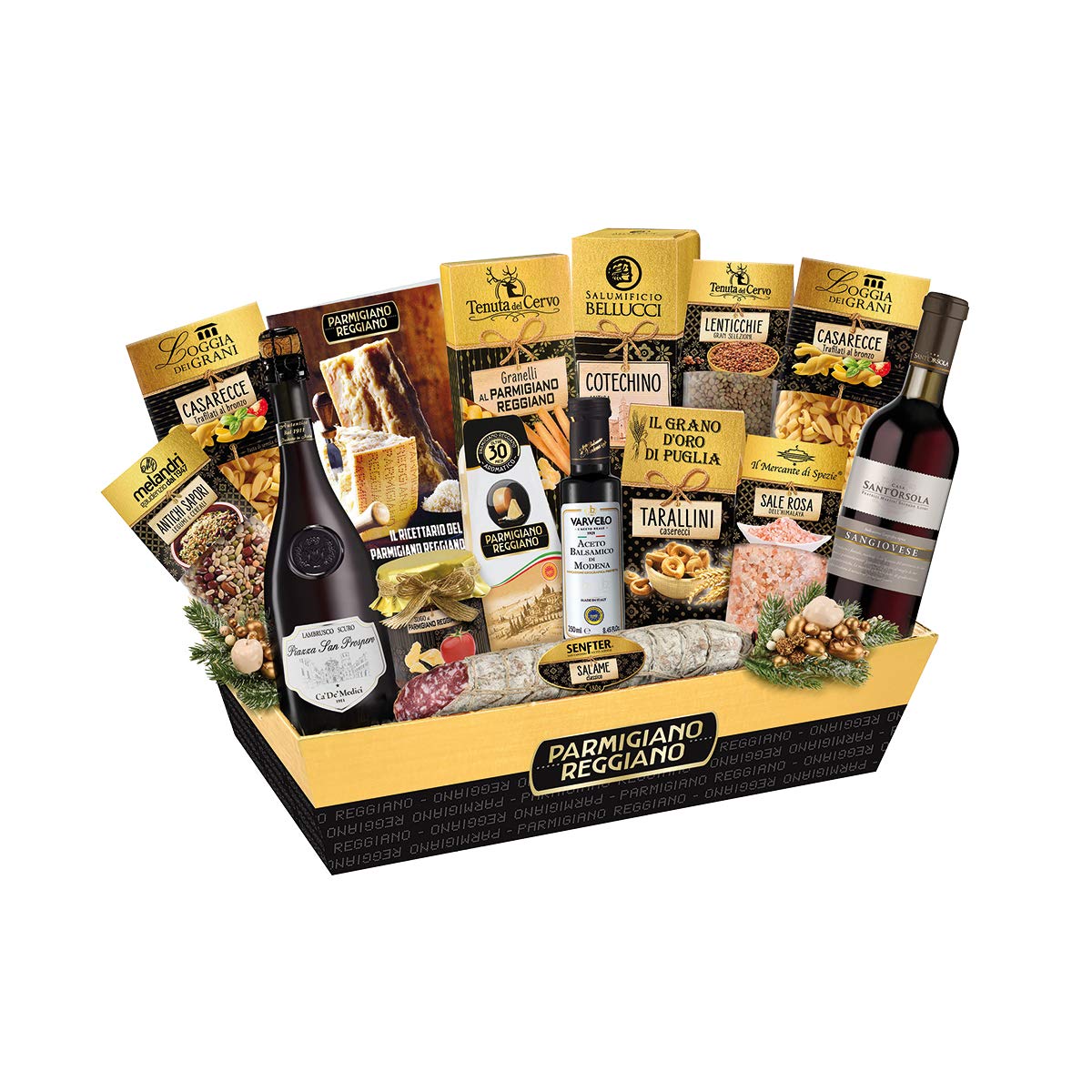 Cesto di Natale | Regalo Natalizio | Gran Emilia | Selezione Prodotti Emiliani Gourmet | 15 Pezzi | Ricettario Consorzio Parmigiano Reggiano | Sangiovese IGT | Sale Rosa Himalaya