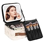 Chomeiu Makeup Bag with LED Mirror, Cute Cosmetic Bags Birthday Gifts for Girls Women, Makeup Train Case Artists Organizer Large Make Up Bags with Light Up Mirror 3 Color Lights, Beige