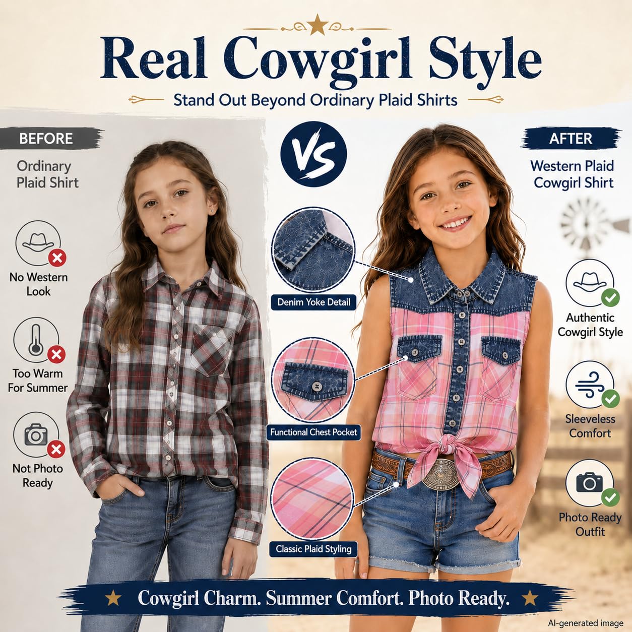Bienzoe Fille Plaid Denim sans Manches Décontractée Chemisier