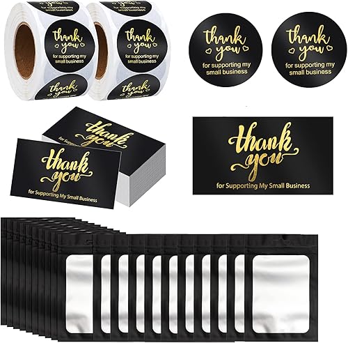 Miniatura 7 de Juego de 1120 calcomanías y tarjetas de agradecimiento de 1.5 pulgadas con letras doradas, pequeñas tarjetas de agradecimiento y bolsa de embalaje