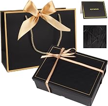 Gift Box Set for Presents, Large Textured Paper Box with Ribbon Gift Bag & Lids, Greeting Card Shredded Paper for Valentine’s Day Mother’s Day Birthday Anniversaries Bridal Party(Black)