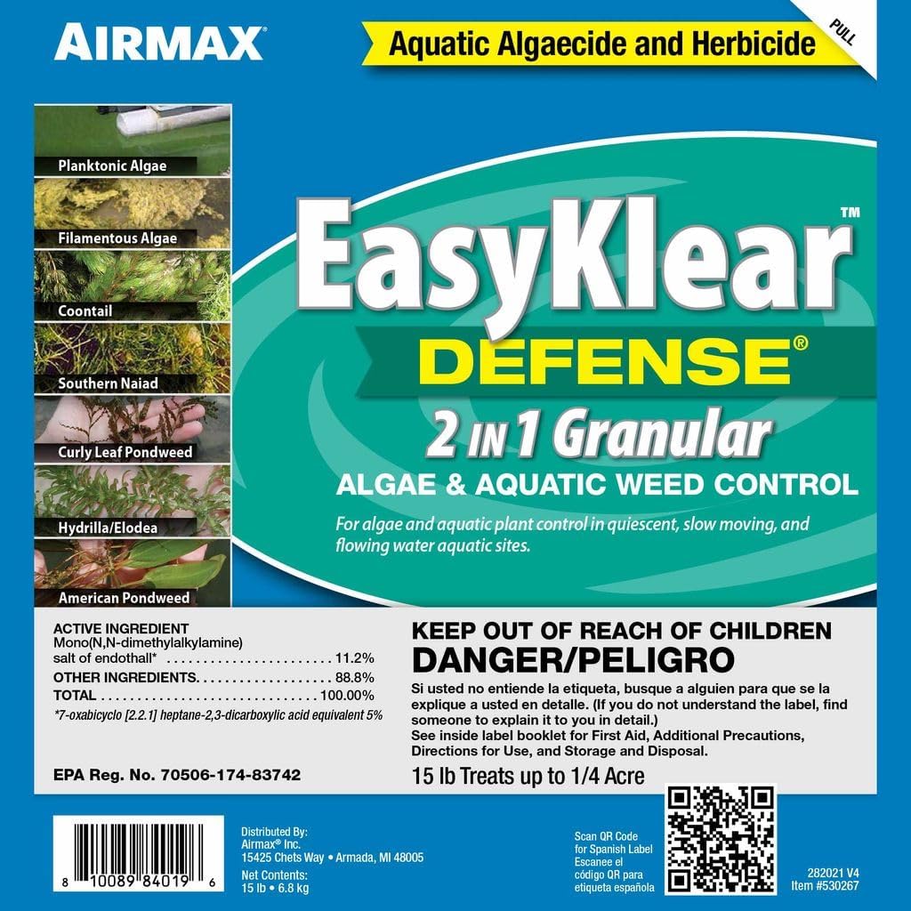 Airmax EasyKlear Pond & Lake Algae & Weed Vegetation Control, 2-in-1 Broad Spectrum Aquatic Herbicide & Algaecide Granular Water Treatment, 15 Pounds