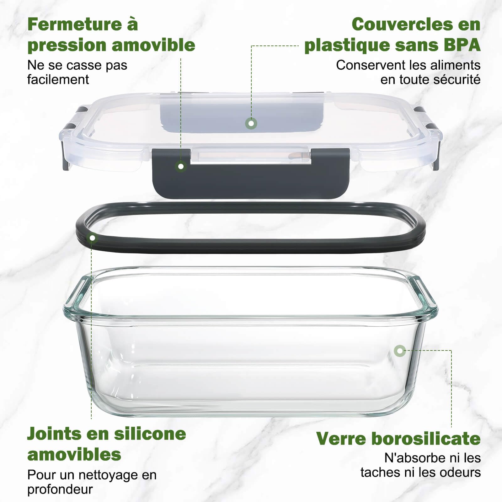 YASHE Boite Alimentaire Verre avec Couvercle Hermétique - Lot de 10 Lunch Box Verre Réutilisables, Sans BPA, Compatibles Micro-ondes, Four, Lave-vaisselle, Congélateur