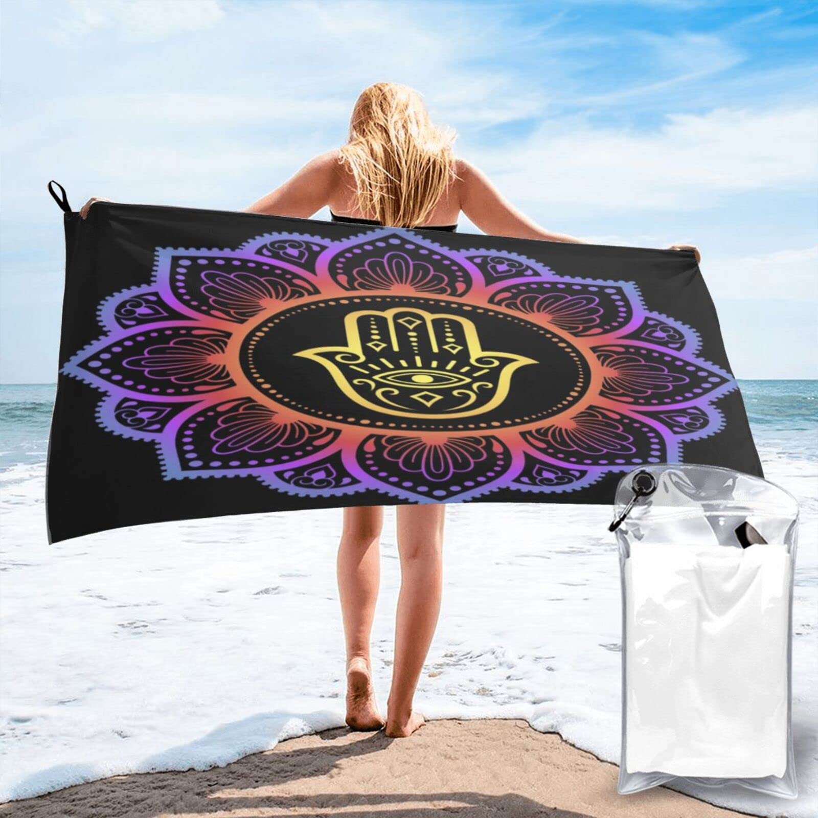 Auda Jewish Culture Art Bohemian Evil Eye Hamsa Hand Microfiber Beach Towels, Absorbent and Quick-Drying Beach Bath Towels for Men and Women。