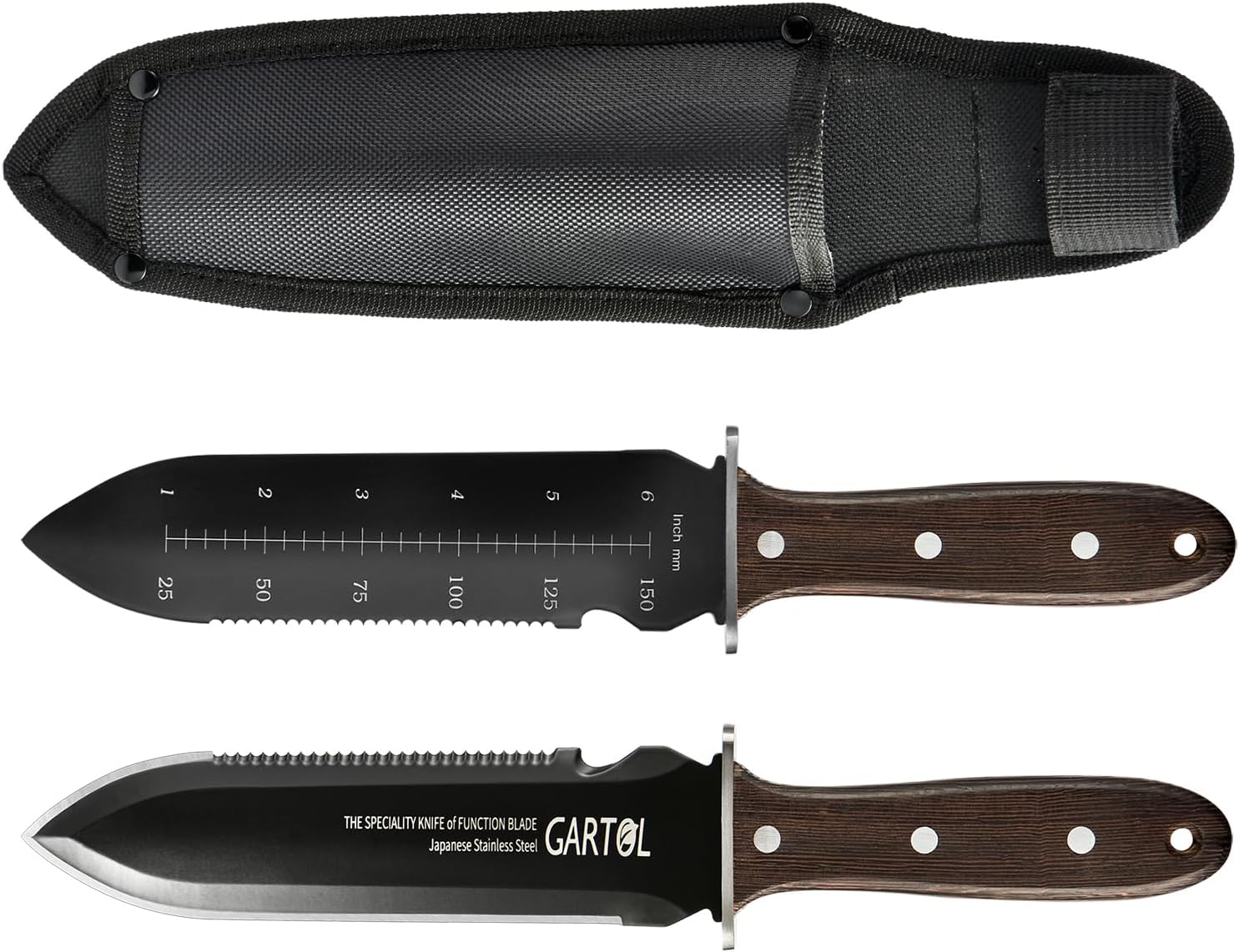 GARTOL Hori Hori Garden Knife, Garden Tools with Oxford Sheath for Weeding, Digging, Cutting and Planting, 7" Stainless Steel Blade with Protective Coating, Full-Tang Wood Handle, Sharpening Stone