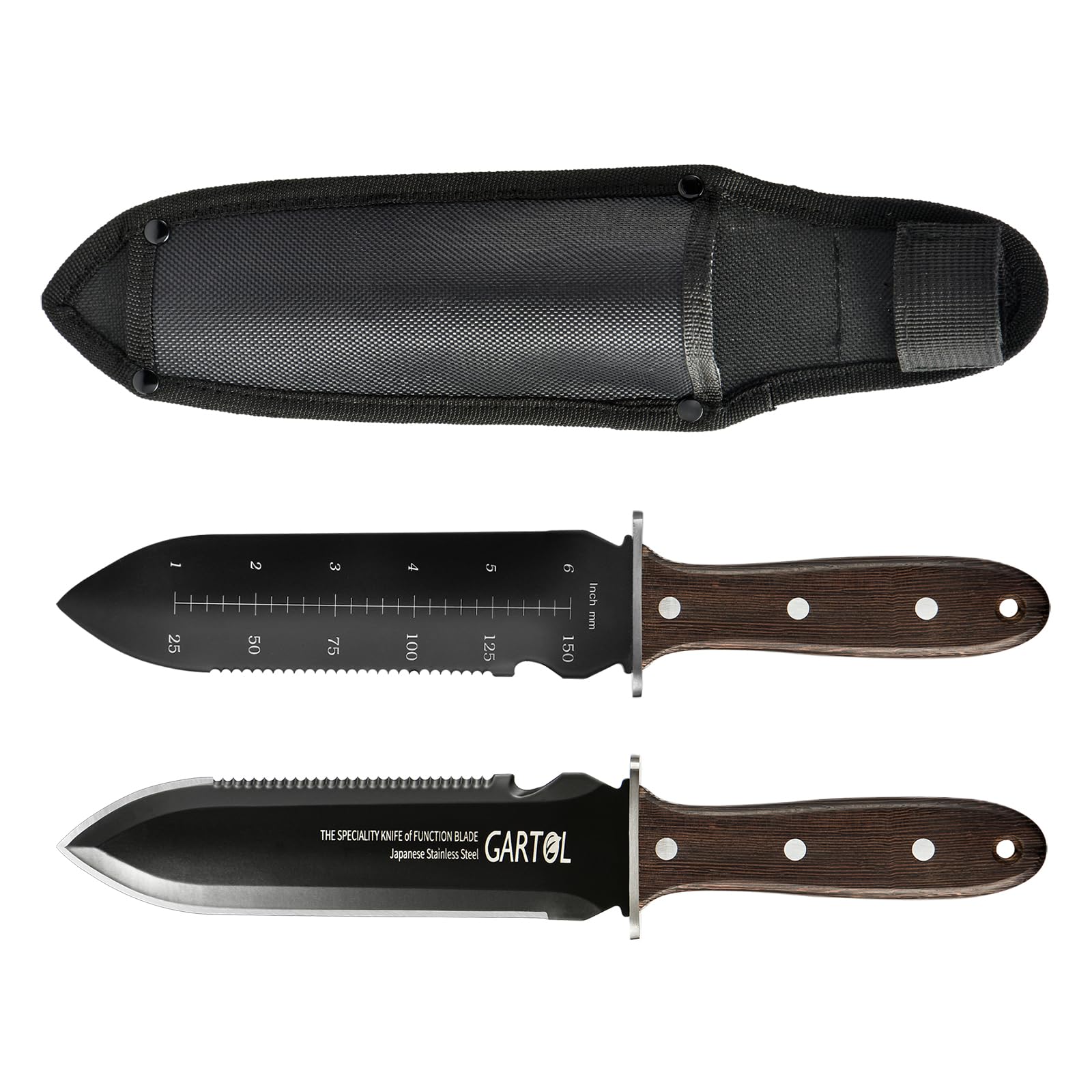 GARTOL Hori Hori Garden Knife, Garden Tools with Oxford Sheath for Weeding, Digging, Cutting and Planting, 7" Stainless Steel Blade with Protective Coating, Full-Tang Wood Handle, Sharpening Stone