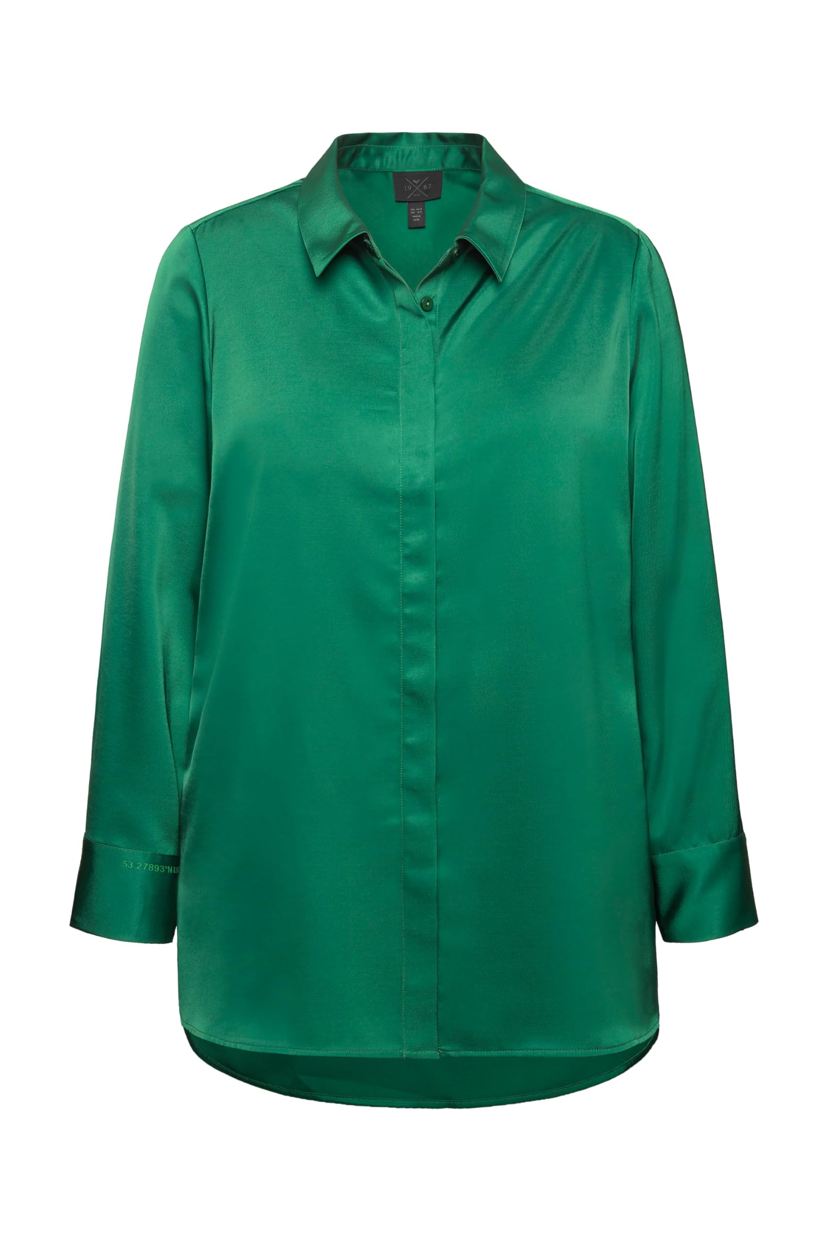 Ulla Popken Damen große Größen Übergrößen Plus Size Satin-Hemdbluse, hinten länger, Hemdkragen, Langarm