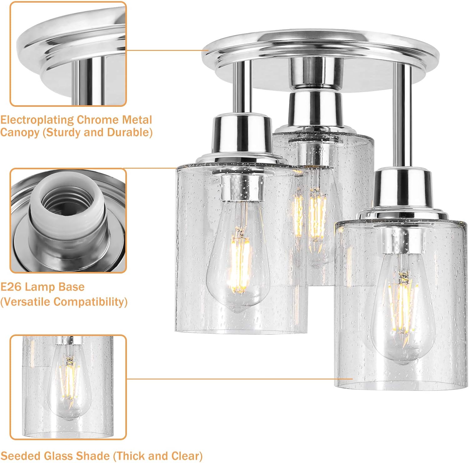 Semi Flush Mount Ceiling Light, 3-Light Close to Ceiling Light Fixtures, Electroplating Chrome Finish with Clear Seeded Glass Shade Chandelier Lighting for Stairs Porch Hallway Entryway Kitchen