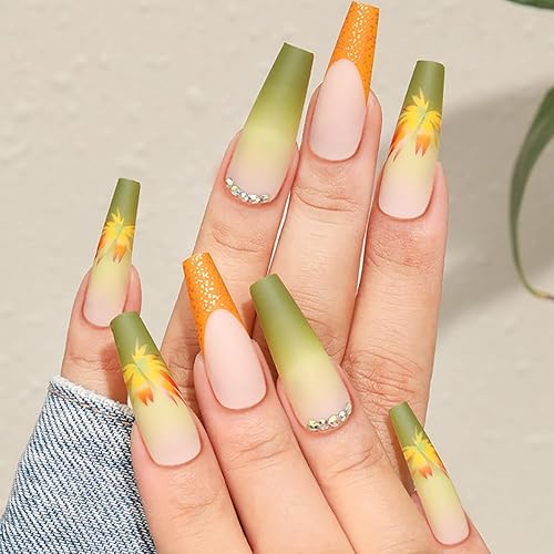 24 uñas postizas largas a presión para el día de Acción de Gracias, uñas postizas acrílicas francesas con diamantes de imitación, diseño de hojas de