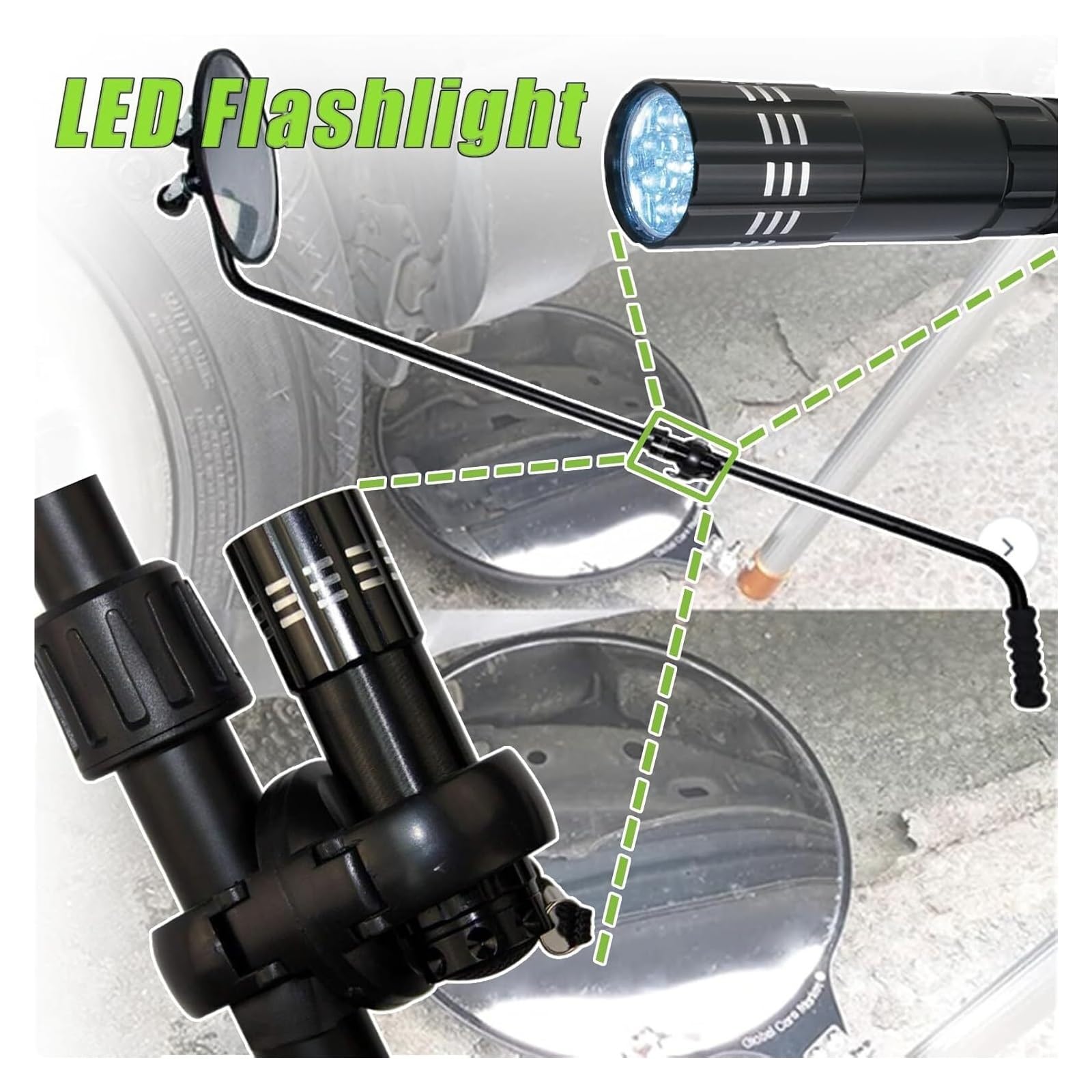 Specchi di Ispezione, Specchietto Telescopico, Specchio Convesso Acrilico con Maniglia combinata in Alluminio e Torcia a LED e Borsa portaoggetti