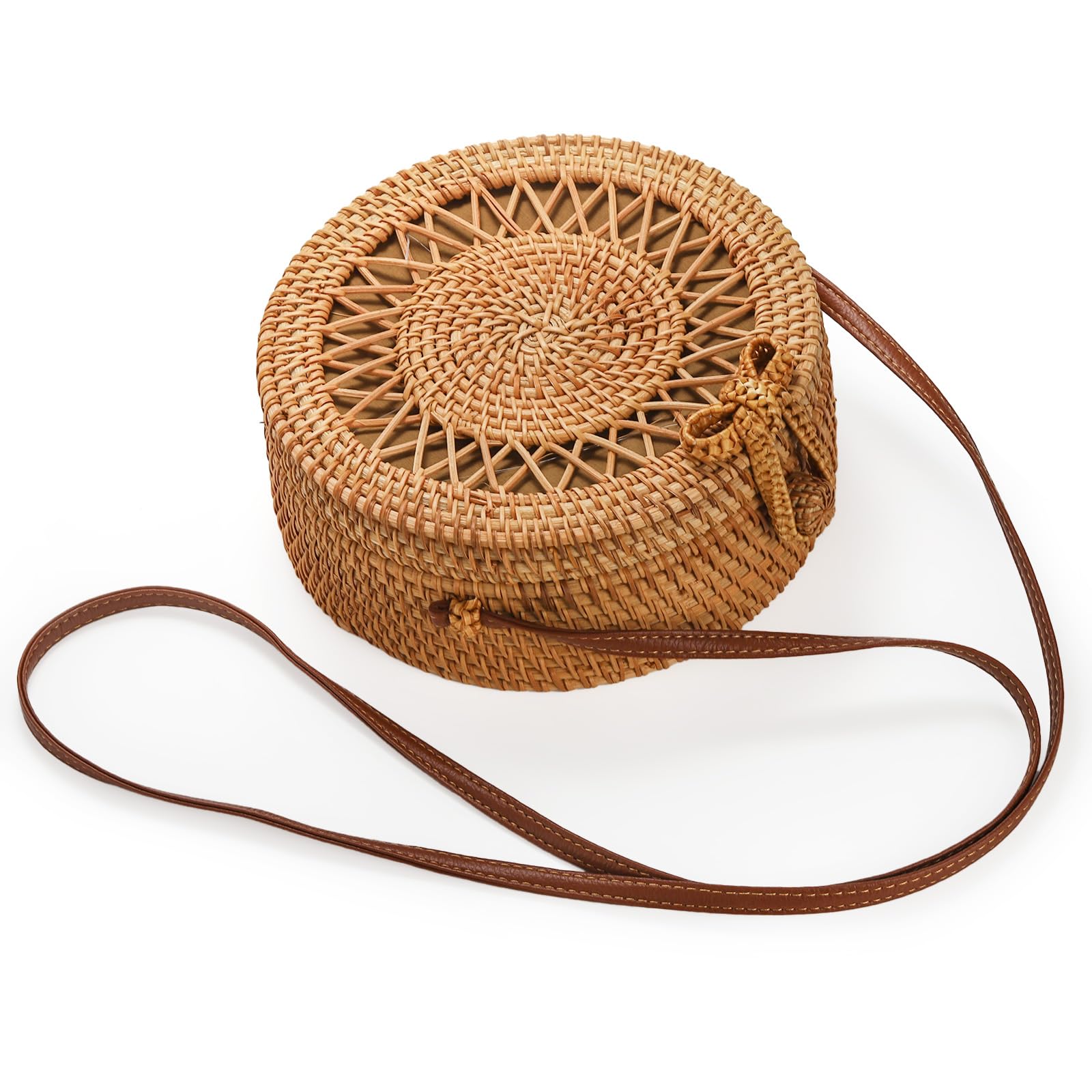 Okllen Borsa rotonda in rattan da donna, stile bohémien, intrecciata a mano, borsa a tracolla in paglia per vacanze estive