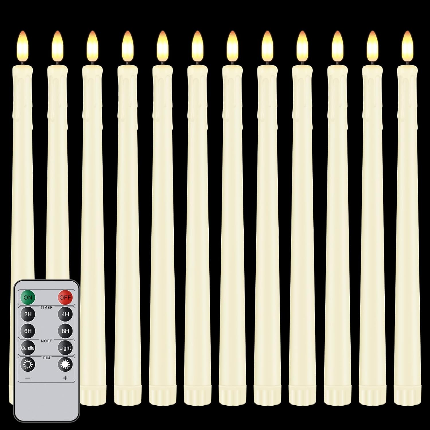 12 Pcs Flickering Flameless LED Taper Candles, 11" Long Fake Taper Candles Battery Operated with Remote Timer, Ivory Plastic Electric Candlesticks for Wedding Party Christmas Holiday