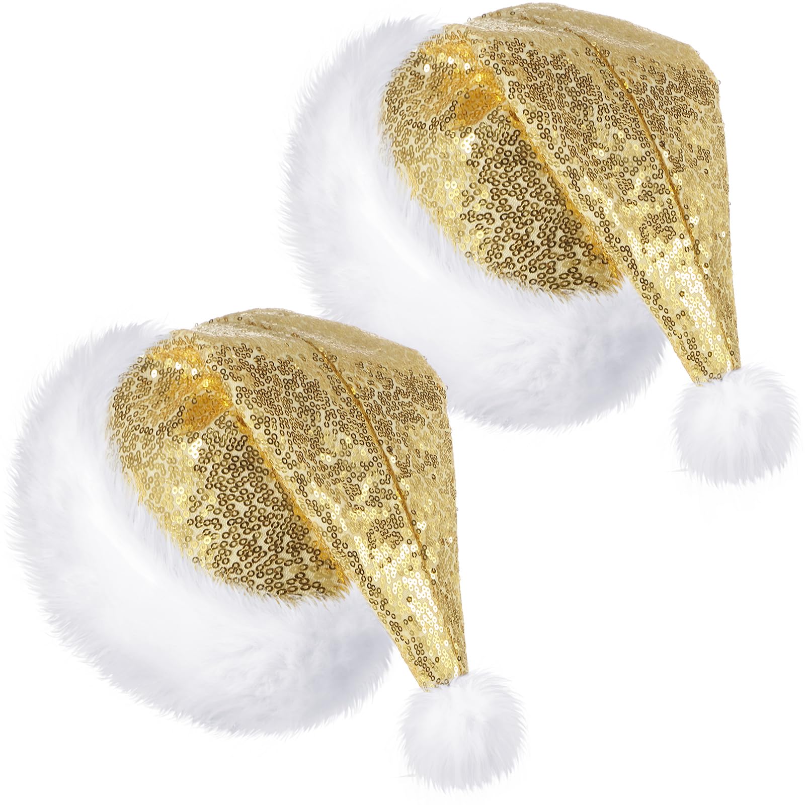 SATINIOR 2 Pcs Adult Sequin Santa Hat Unisex Christmas Hat Santa Claus Cap Xmas Cap with Lining and Plush Brim for Women Men