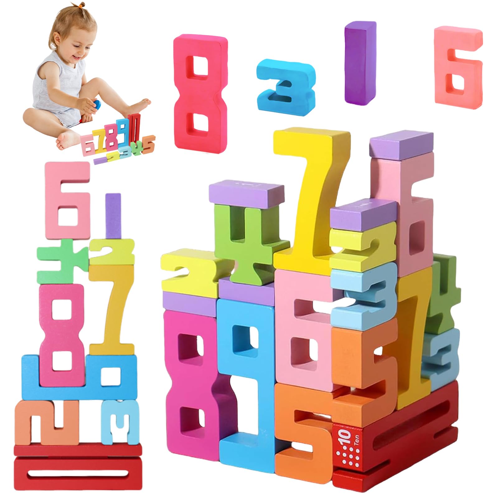 Number Blocks Toys for Kids 1-10 Wooden Number Building Block, 3D Digital Puzzle Counting Blocks, with Storage Board
