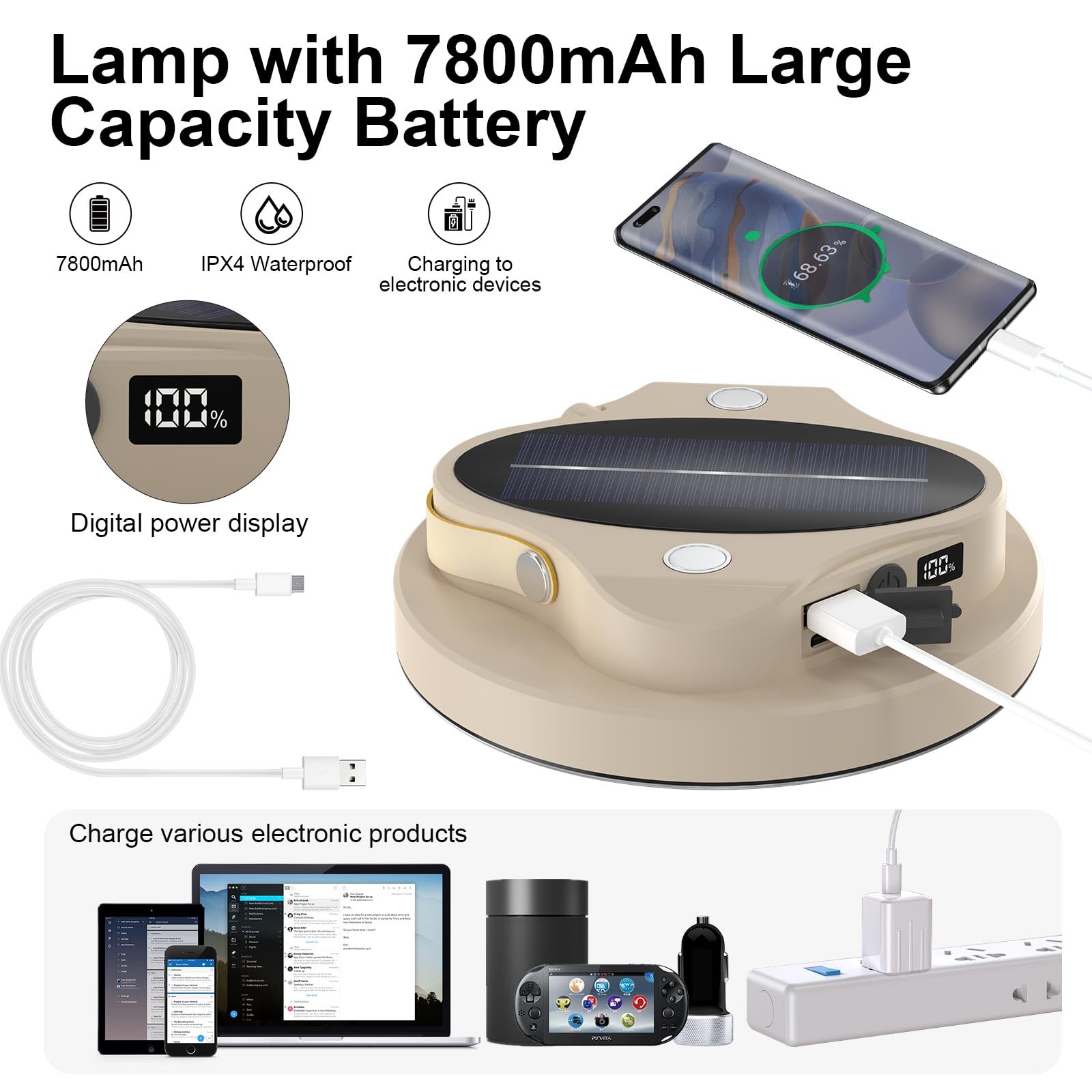 Lampe solaire de camping avec batterie de 7800 mAh et affichage numérique – Lampe de tente de 3000 lumens, 4 modes d'éclairage (blanc/chaud/naturel/SOS), port écrou d'extension 1/4, 17 heures