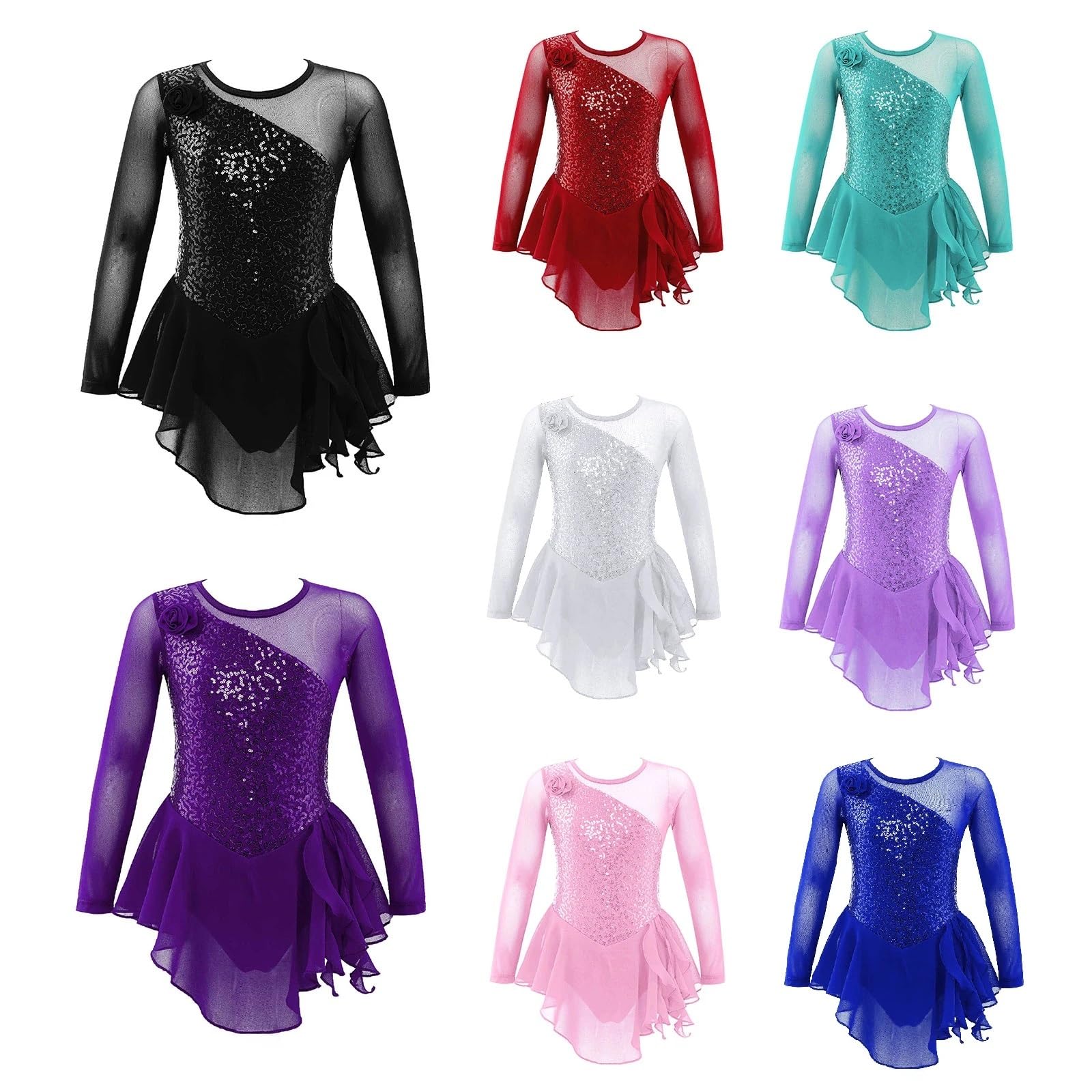Gymnastikanzug Mädchen Pailletten Gymnastik Trikot Kleid Mesh Lange Ärmel Bühne Leistung Ballett Dancewear Figur Eislaufen Tanz Kostüm(Pink,6)