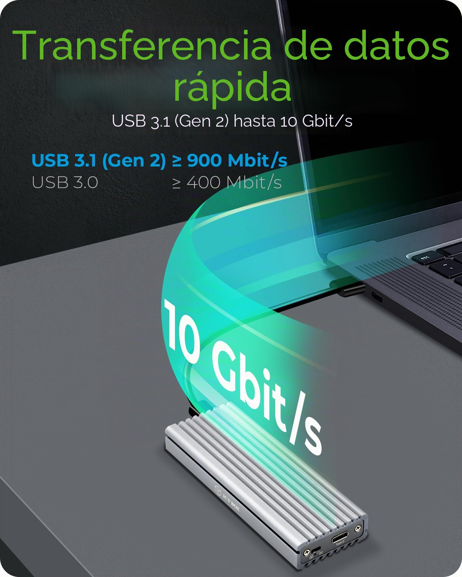 Icy Box Caja SSD M.2 NVMe USB 3.1 (Gen2, 10 Gbps), Sistema de refrigeración, USB-C, USB-A, PCIe M-Key, Aluminio, Plata