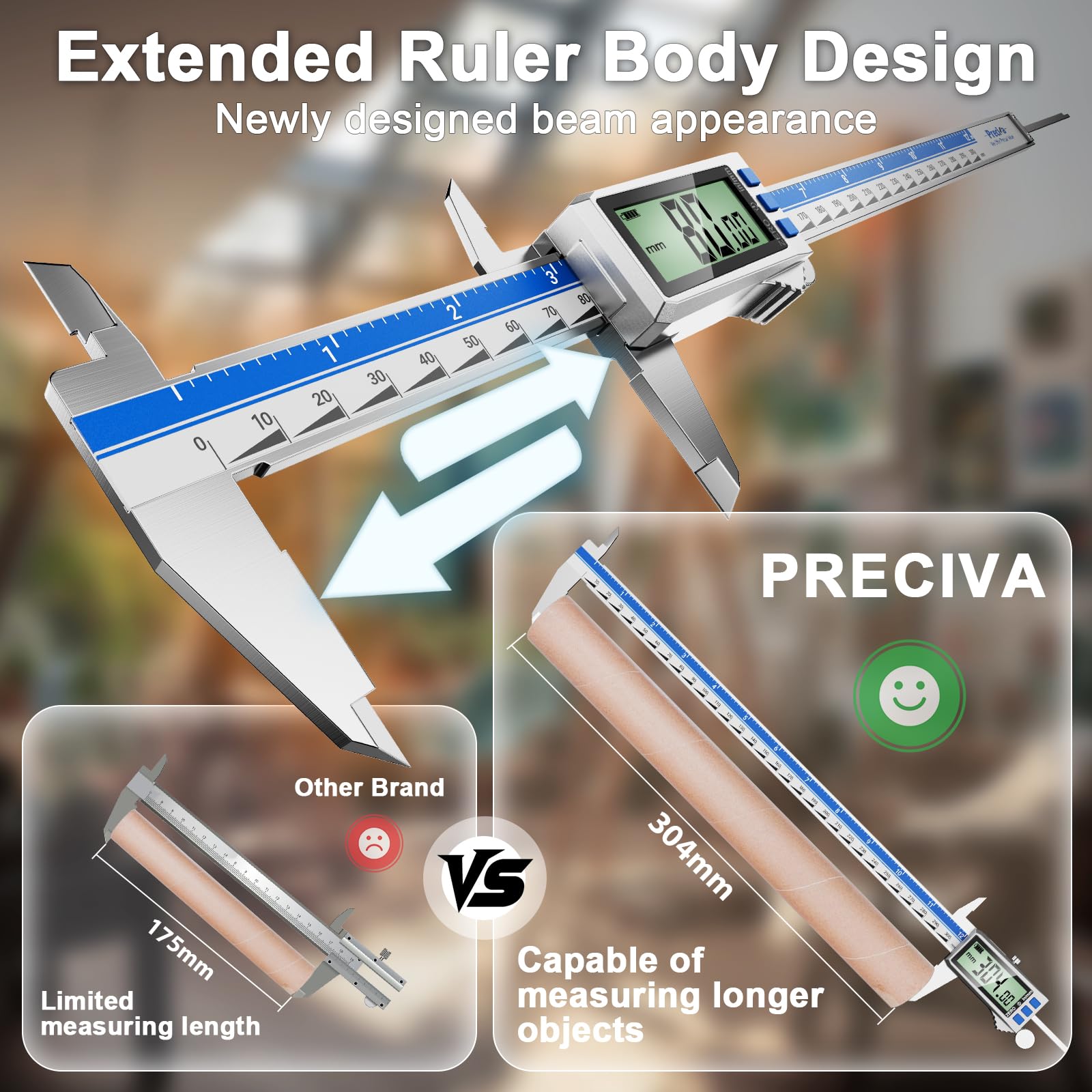 Calibre Digital Recargable Pantalla TáCtil,Calibrador Digital ElectróNico de PrecisióN 300mm/12pulgadas,Pie de Rey ElectróNico con Pantalla Lcd（Azul Plateado）