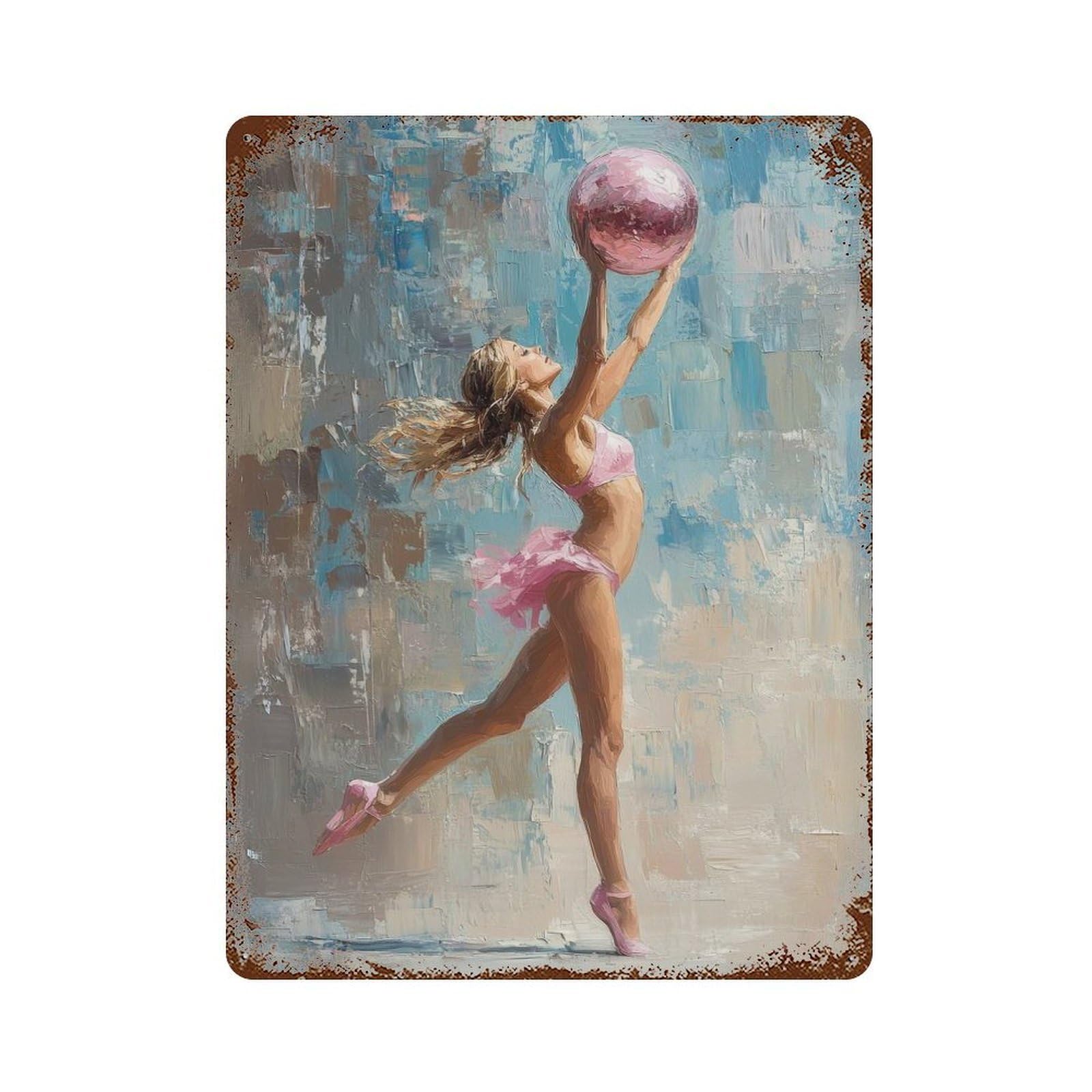 Aged Metal Wall Plaque with Ballerina with Pink Ball Painting Gymnast in Motion with Pink Ball Design 15.7"x11.8", for Cafe, Home Bar And Lounge Decor, Novelty Wall Decor
