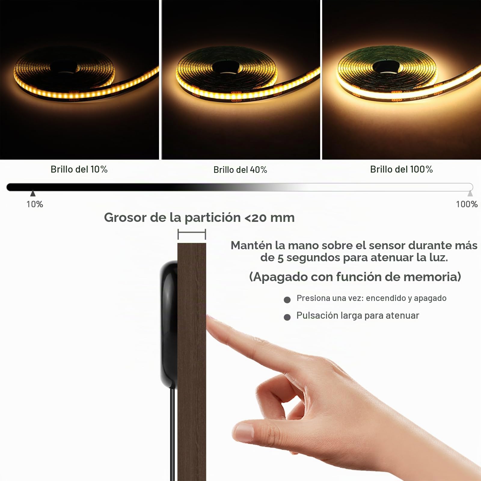 Tira LED COB,6 rodillos de iluminación para muebles con regulador táctil y detección de barrido de mano,tira LED COB cortable de 12V para vitrinas,bodegas,cocinas y estantes (2M,Blanco Cálido)