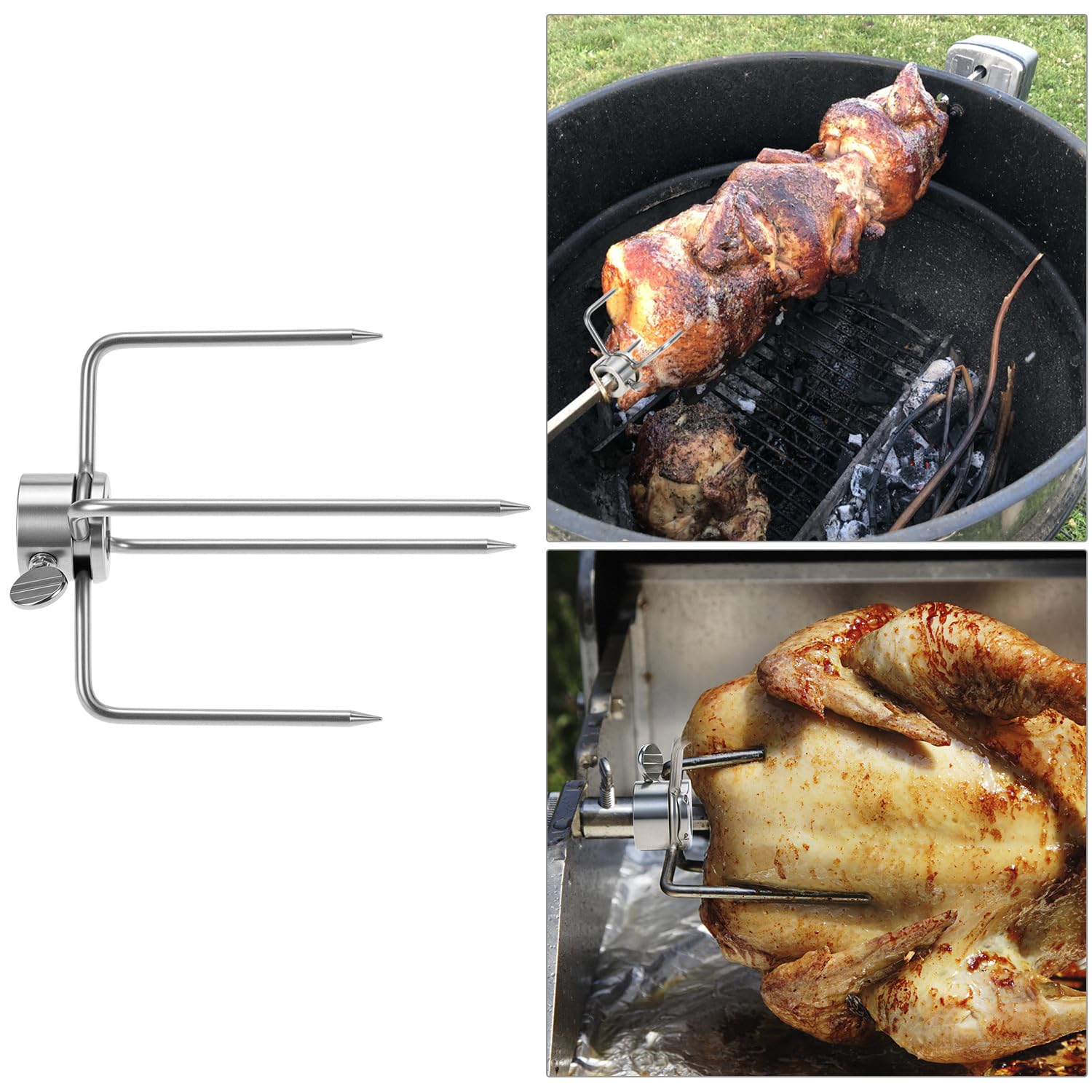 QWORK® 3 Pièces Fourchette brochette, barbecue rotissoire fourche en acier inoxydable 304 pour brochette, compatible avec hexagone 12 mm, carré 10 mm et 8 mm