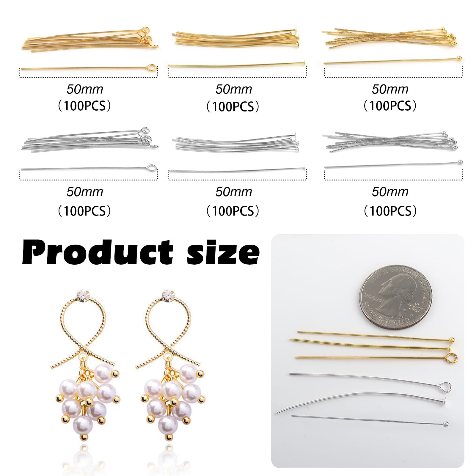 TOAOB 600pcs Assorted Head Pins Set for Jewelry Making Includes Brass Gold Silver Headpins 50mm Flat Head Pins and Eye Pins for DIY Craft
