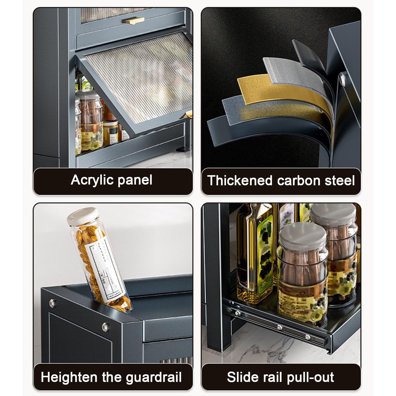 Armoire de Garde-Manger de Cuisine autoportante avec tiroirs coulissants et Porte Rabattable, Organisateur de comptoir pour Bouteilles/Plats/Tasses à épices