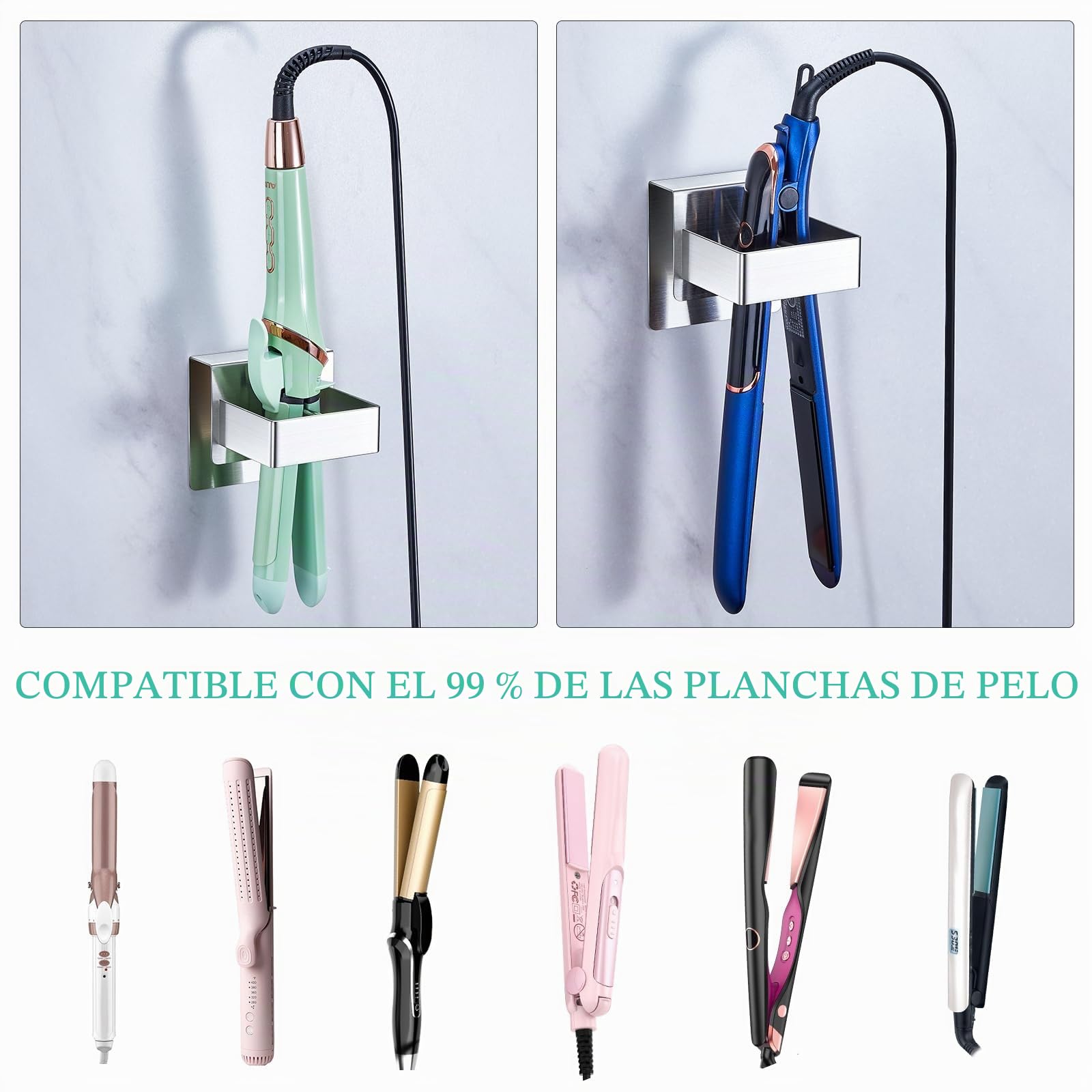 Soporte para plancha de pelo, porta para secador de pelo de pared sin taladrar, porta para rizador, soporte adhesivo para secador, para baños, peluquerías y tocadores (Plata)