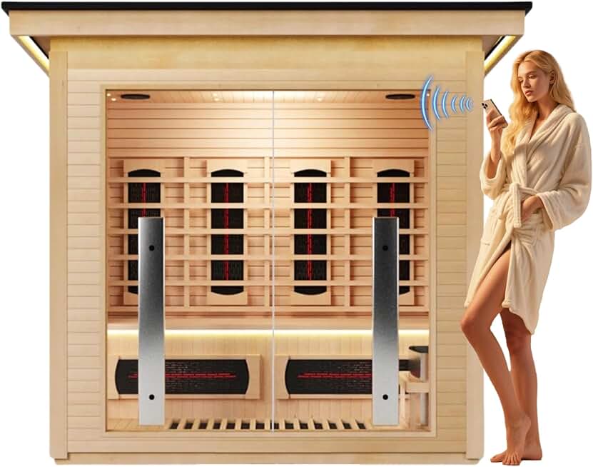 ZONEMEL 3 Person Outdoor Combination Home Sauna,Full Spectrum Infrared & Traditional Steam Hybrid Sauna,Canadian Hemlock Wood, WiFi Control, 220V,11 Heaters with Red Light Therapy, 4500W Harvia Stove