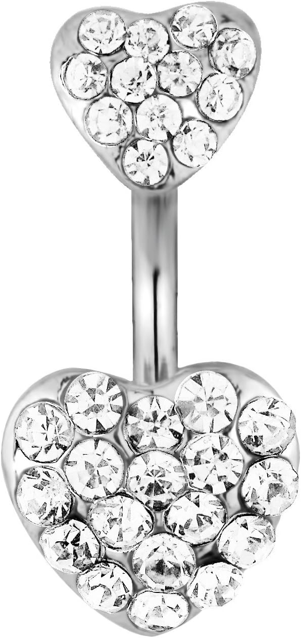 Surgical Steel Pave Jeweled Double Heart Belly Button Ring