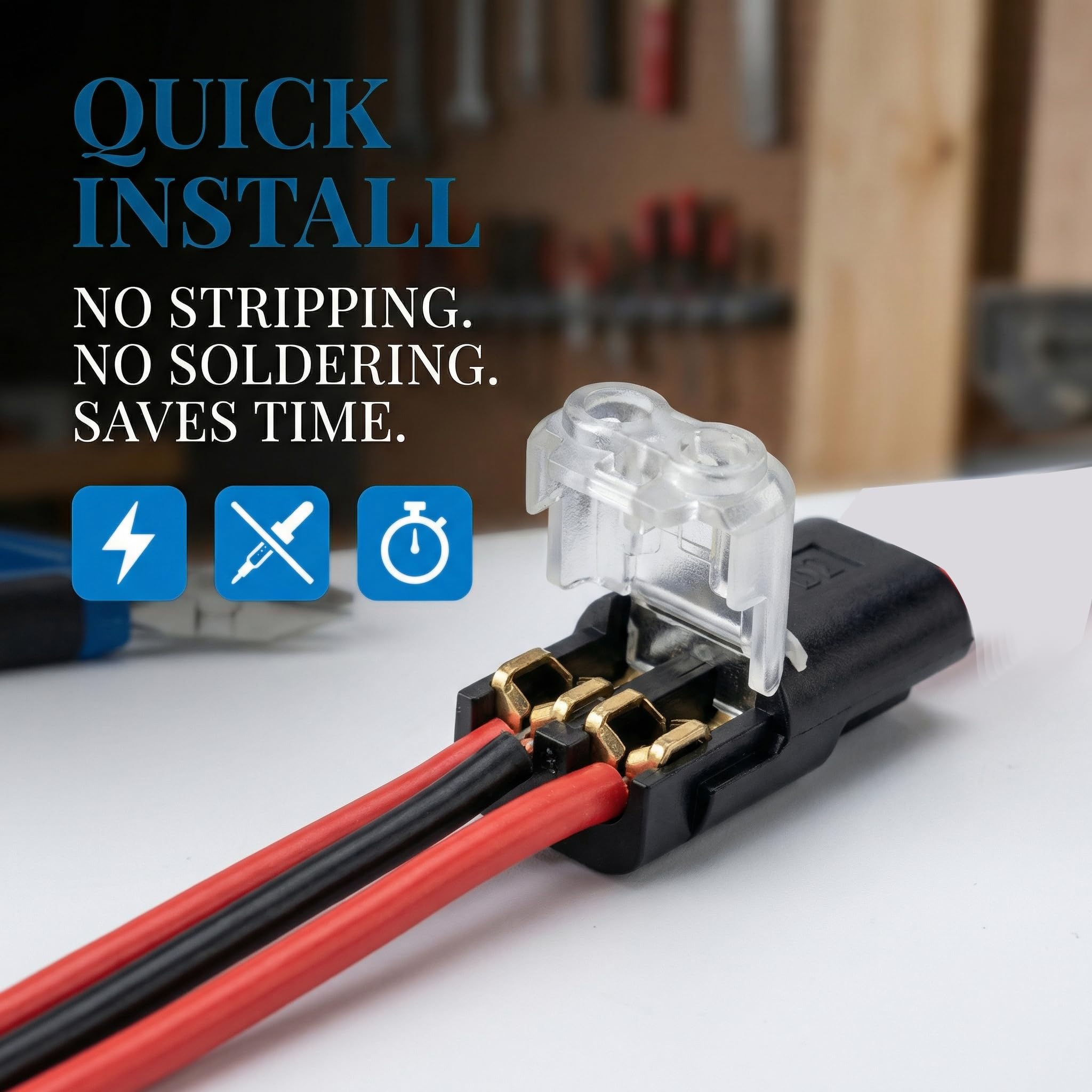 Paquete de 50 conectores de cable no requiere pelado, terminales de cable de bajo voltaje de 2 pines sin soldadura para 18-22 AWG, empalme rápido para altavoz automotriz de tira LED (máximo 10 A)