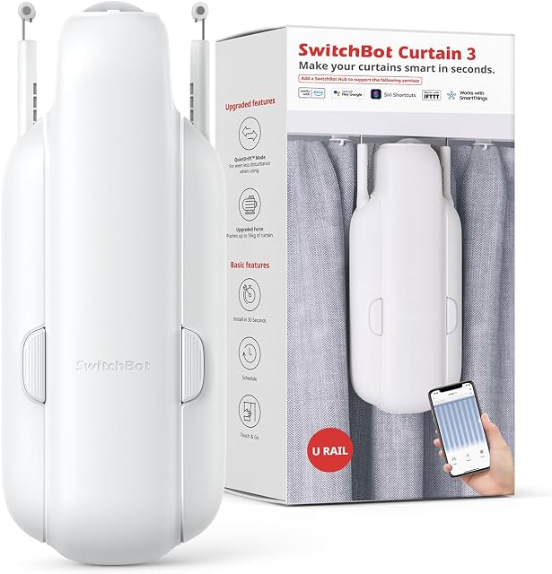 SwitchBot Automatic Curtain Opener - Bluetooth Remote Control Smart Curtain with App, Upgraded High-Performance Motor, Add SwitchBot Hub to Work with Alexa, Google Home, HomeKit (Curtain 3, U Rail)